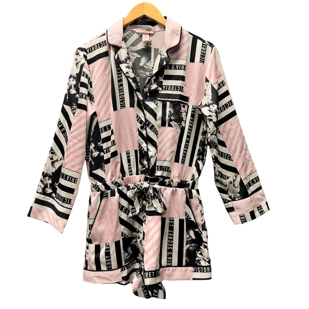Victoria's Secret Romper Pajamas Pink Black Satin‎ Logo Print Womens Small